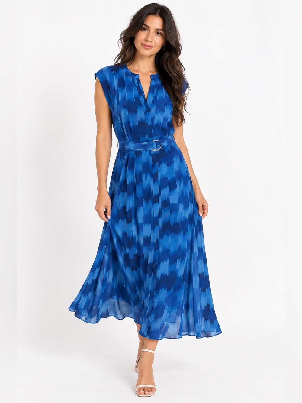 Mango Blue Abstract Print Belted Maxi Dress NWT Size L